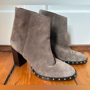 All Saints Inez Suede Studded Block Heel Booties in Almond Taupe, Size 9.5 EU 40